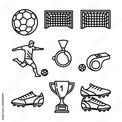 Black and White Line Art Icons for Soccer and Football Sports game player