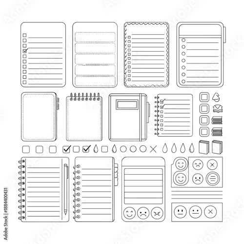 Hand Drawn Stationery and Planner Elements with Checklists and Emoticons notebook paper