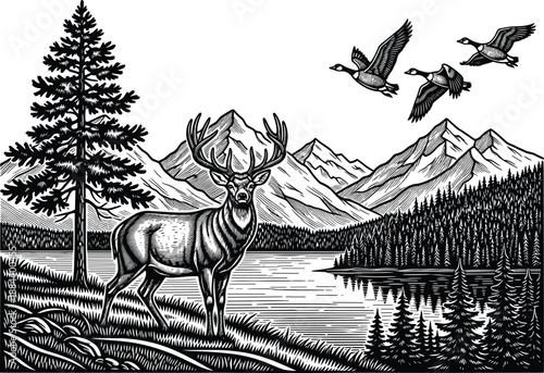 Vintage wildlife landscape illustration featuring majestic deer forest lake mountains flying geese detailed woodcut style nature scenery artwork black white engraving design