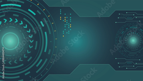 Modern abstract technology background featuring futuristic circular HUD interface elements glowing on dark teal gradient ideal for technology innovation AI data science and digital presentation design