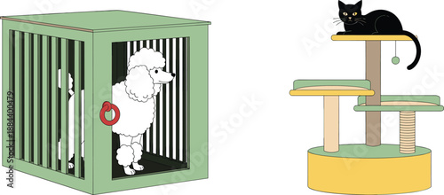 White poodle dog inside green wooden crate, black cat resting on multi-level climbing tree, pet furniture and domestic animal housing equipment, vector.