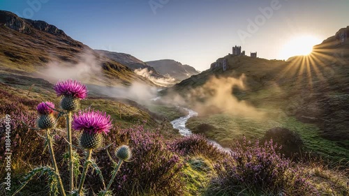 Scottish highlands with a castle atop a hill shrouded in mist,  thistle flowers in the foreground