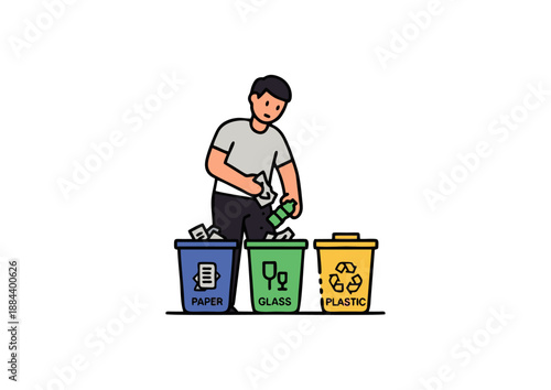 Individual diligently sorting recyclable waste into designated bins for paper, glass, and plastic, highlighting responsible environmental practices and sustainable waste management efforts
