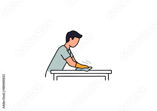 Vector illustration of a person wearing protective gloves and diligently wiping a table surface with a cloth, symbolizing household cleanliness and hygiene