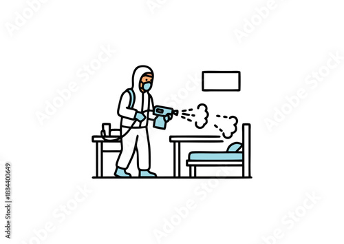 Disinfection worker in protective suit sanitizing a room with a spray gun, healthcare, safety, and cleanliness concept