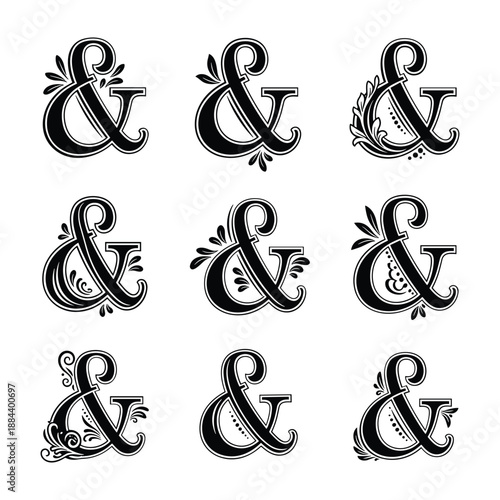Nine Elaborate Black Ampersand Symbols with Floral and Swirl Embellishments Keywords: ampersand, symbol, decorative, flourish, vintage, ornate, elegant, calligraphy, design, element, set, graphic