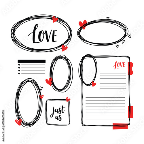 Hand Drawn Love Frames and Stationery Elements with Hearts and Text oval rectangle