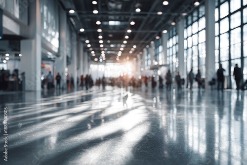 Blurred wide shot of a sunlit, modern convention center with many people