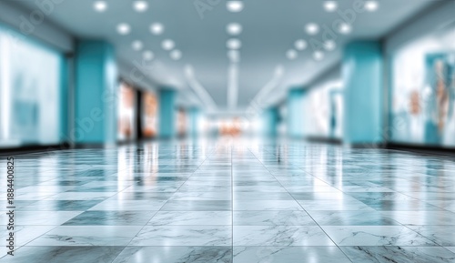 Wide, brightly lit, modern indoor walkway with polished floor and storefronts