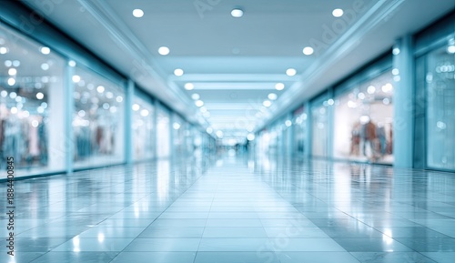 A bright, empty shopping mall interior with reflective floors and illuminated storefronts