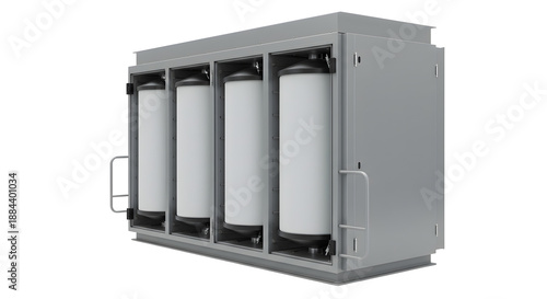 Industrial Water Filtration System with Four Large Cylindrical Filters in Metal Enclosure