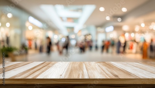 Blurred view of a busy indoor shopping arcade with a wooden table in foreground