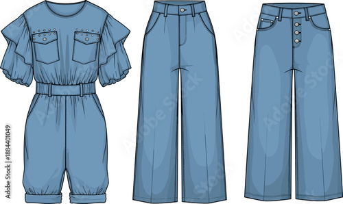 Fashion Technical Sketch of Women Denim Jumpsuit with Ruffle Sleeves and High Waisted Wide Leg Jeans Pants Set Vector Illustration