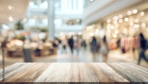 Wallpaper Mural A warm wooden table foregrounds a softly blurred shopping mall with people Torontodigital.ca