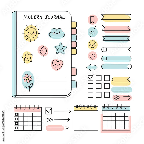 Modern Journal With Planner Stickers And Calendar Elements Keywords: journal, planner, sticker, calendar, checklist, ribbon, banner, arrow, sun, cloud, star, heart, flower, bunny, doodle, cute
