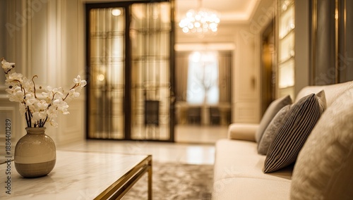 Elegant living room with a plush sofa, marble coffee table, and vase of flowers