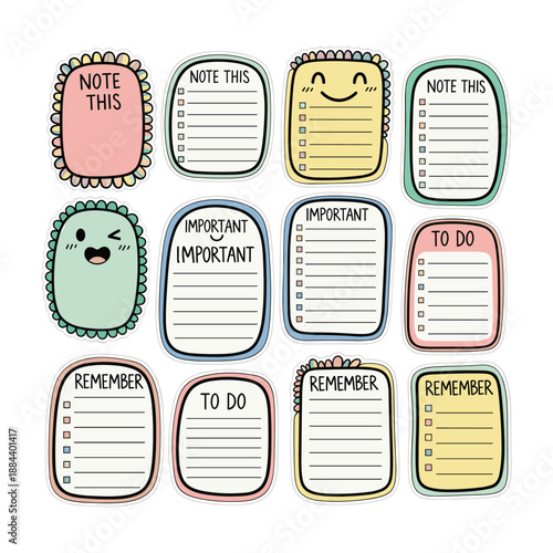 Cute Doodle Note Taking Stickers With Checklists And Emoticons Keywords: note, sticker, checklist, reminder, to do, important, remember, doodle, cute, illustration, emoticon, happy, winking