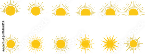 Yellow sunburst and sunrise icon set, summer sun symbols with rays, morning sunshine vector illustrations for weather forecast, nature, and summer designs.