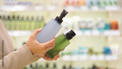 Bild auf Leinwand Customer compares two Skincare or Hair Care bottles in the supermarket aisle or beauty store, making a purchasing decision