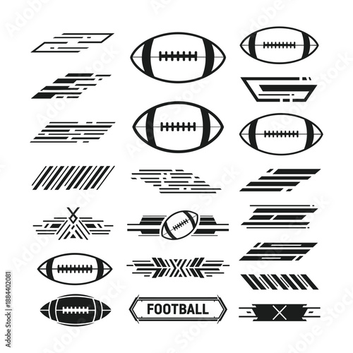American football icons and graphic elements with speed lines and tribal patterns Keywords: American football, sport, game, icon, graphic, design, element, speed lines, motion, abstract, tribal