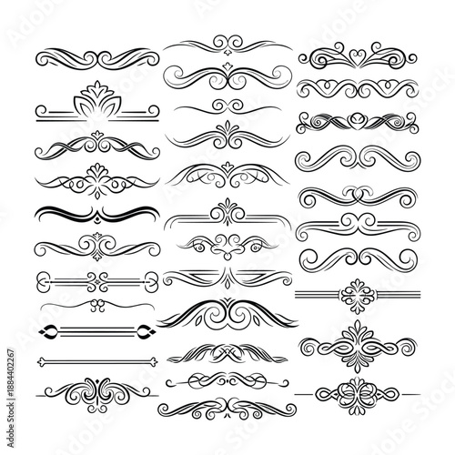Ornate Black Decorative Flourishes and Swirls for Design Elements Keywords: flourishes, swirls, decorative elements, ornaments, dividers, borders, vintage, ornate, elegant, black and white, graphic