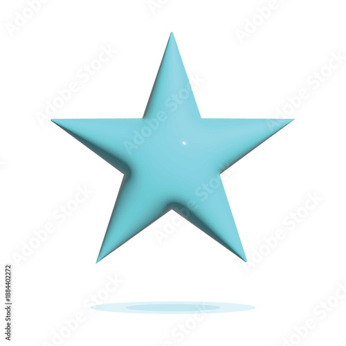 Mint ice green 3D star icon. Glossy pastel turquoise five-pointed shape. Cute soft plastic game asset for app rating. Shiny favorite success bonus symbol isolated on white background.