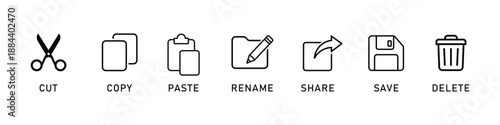 Essential UI toolbar icons in a clean line style. Set includes cut, copy, paste, rename, share, save, and delete symbols with text labels. Perfect for web interfaces and software applications.