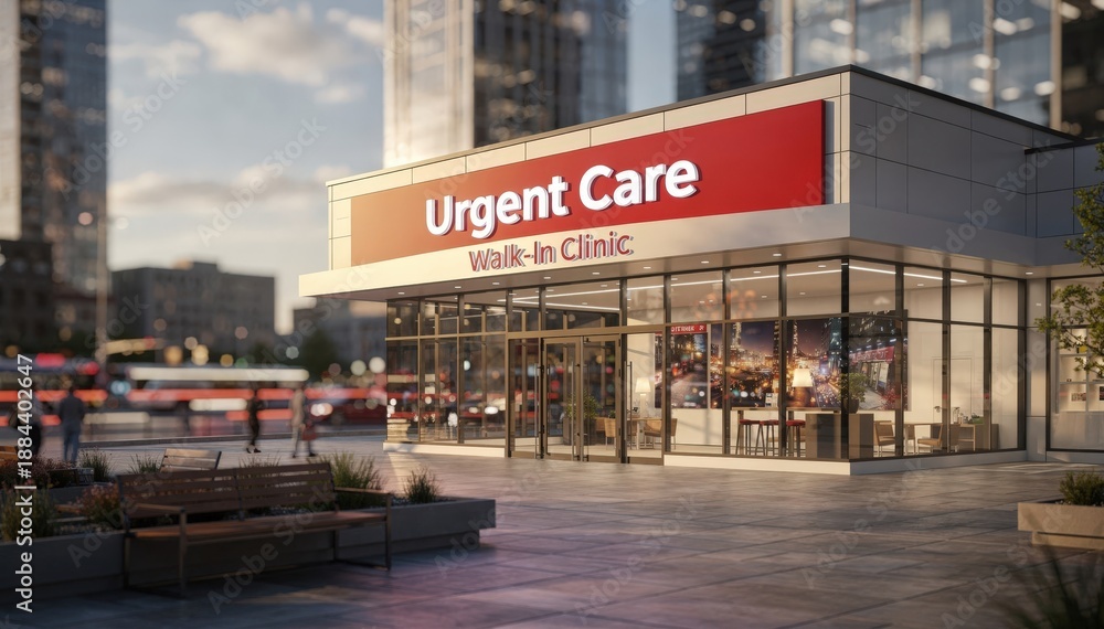 Fototapeta premium Urban plaza setting featuring a modern urgent care clinic with prominent walkin signage medium shot capturing sharp building details against blurred cityscape.