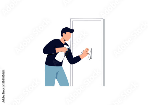 Diligent individual meticulously cleaning a surface with spray and cloth, emphasizing the importance of home sanitation, maintenance, and a healthy living environment