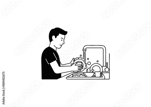 Illustration of a person washing dishes in a kitchen sink
