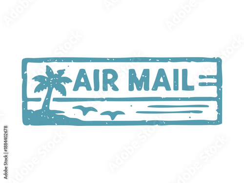 Air Mail stamp with palm tree and birds on a beach.