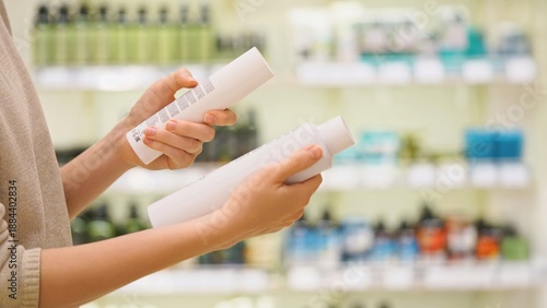 Obraz na plátně Woman compares and chooses hair care products in the store, carefully examining and reading option labels to make an informed purchasing decision