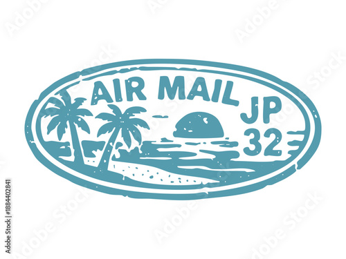 Air Mail JP 32 Postmark with Tropical Beach Sunset and Palm Trees.