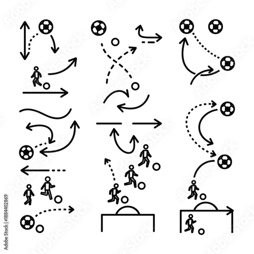 Soccer Tactics and Player Movement Icons on White Background football strategy