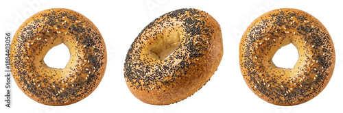 Three Everything Bagels with Poppy Seeds and Sesame Seeds Isolated on White