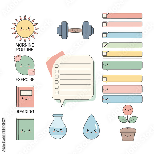 Cute Kawaii Style Morning Routine and To- Do List Elements with Happy Faces exercise reading