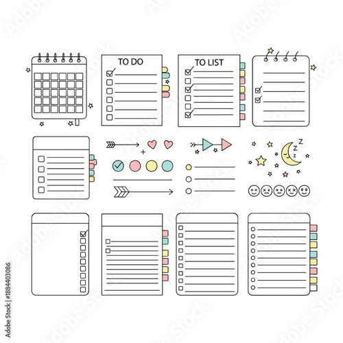 Collection of Planner and To- Do List Icons and Elements in Outline Style to-do list calendar