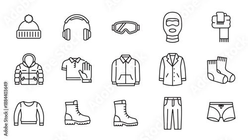 Vector icons of winter clothing and accessories for cold weather, skiing, and sports, including a beanie, headphones, goggles, balaclava, scarf, puffer jacket, polo shirt, bomber jacket, blazer, socks