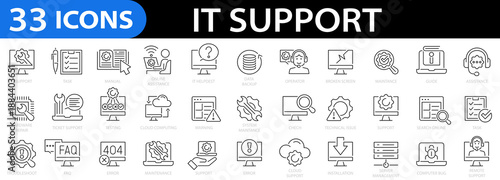 IT support 33 icon set. Troubleshooting icons. Computer bug. Online assistance. IT helpdesk. Installation. Maintenance. Editable stroke, Vector illustration