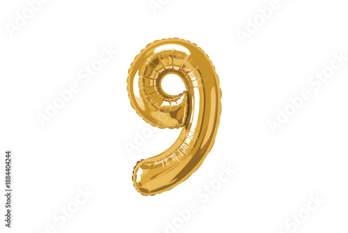 A large gold balloon in the shape of the number nine on a white background