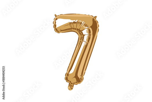 A shiny gold balloon in the shape of the number seven floats in the air.