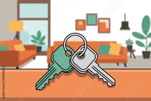 A set of house keys on a table in a modern living room with a couch and plants
