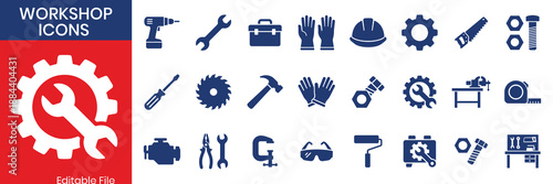 Workshop Fill Color Icon Set With Tools And Equipment For Repair