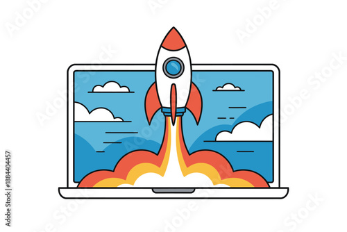 A cartoon rocket ship blasts off from a laptop screen into a bright blue sky with fluffy white clouds.