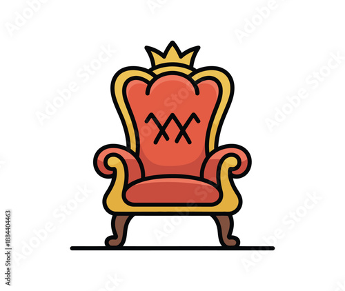 A cartoon illustration of a red throne chair with a golden crown and X marked on the backrest