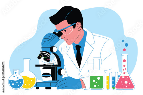 A scientist in a lab coat examining a sample under a microscope with various colorful chemicals and equipment nearby.