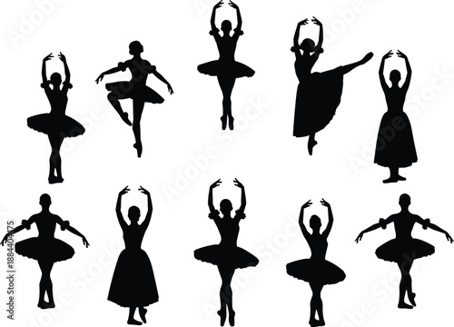 Ballet dancer silhouette collection, female classical dance poses with tutu elegance isolated on white background illustration vector art set design