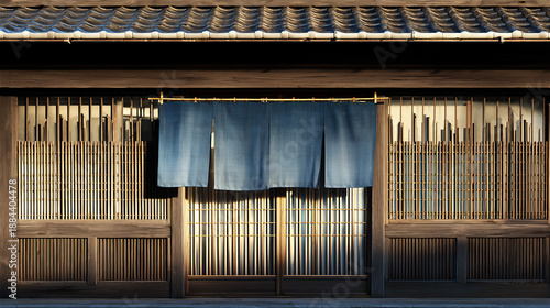 紺色の暖簾（のれん）と和風の店構え　老舗感のある入り口