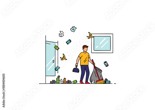 Man cleaning a messy room by sweeping up trash and debris into a garbage bag