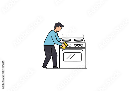 Conceptual illustration of an individual performing a routine household chore, meticulously cleaning a kitchen stove for maintenance and hygiene